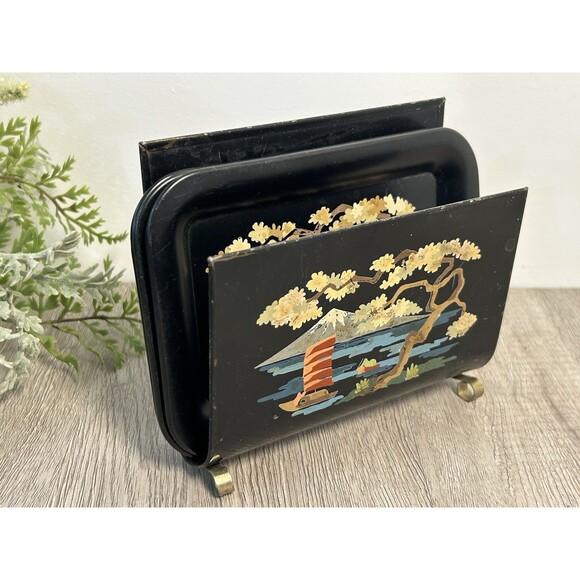 Vintage Black Metal Tole Ware Snack Bridge Trays With Matching Holder Caddy READ - Picture 2 of 8